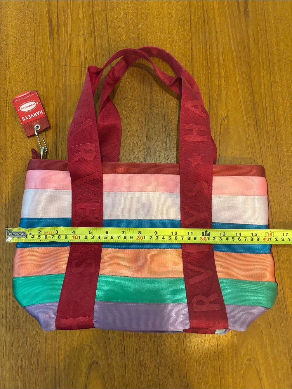 Harveys Seatbelt Bag Rainbow Stripe Tote with Red Handles